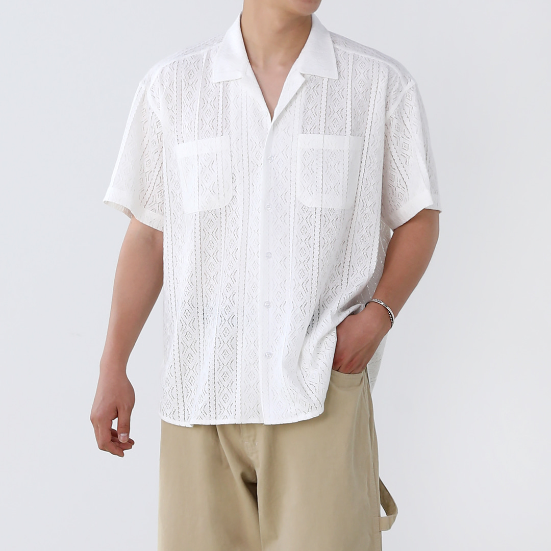 ジャガード パンチング オープン カラー 半袖 シャツ